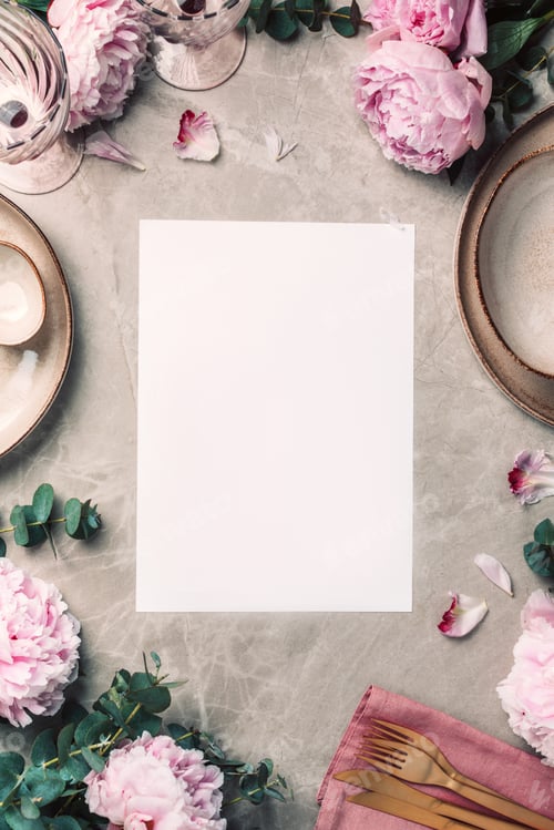 Preview: Flat lay composition with peony, eucalyptus flowers, empty plates, napkin, golden cutlery