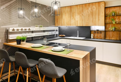 Preview: Modern fitted kitchen interior with bar counter