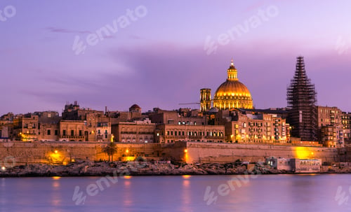 Preview: Illuminated skyline of Valletta capitol of Malta at sunset