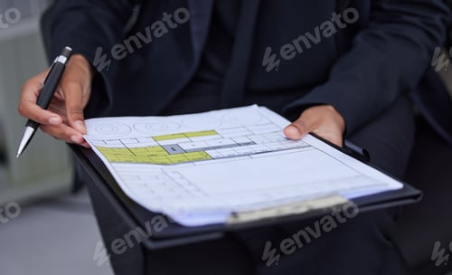 Preview: Closeup, woman and clipboard with document, information and survey for data analytics. Zoom, female