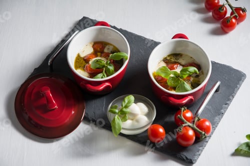 Preview: Italian caprese salad, baked cherry tomatoes, mozzarella and basil on a white table, still life