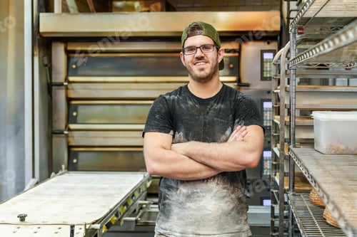 Preview: Smiling Young Baker with Flour on Shirt in Industrial Bakery