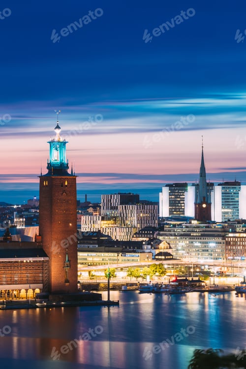 Preview: Stockholm, Sweden. Scenic Skyline View Of Famous Tower Of Stockholm City Hall And St. Clara Or Saint