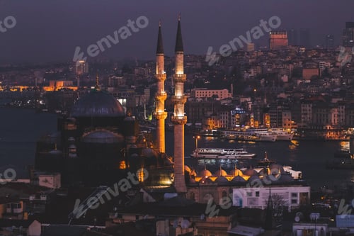 Preview: Istanbul night view from Valide Han roof. Illuminated lights