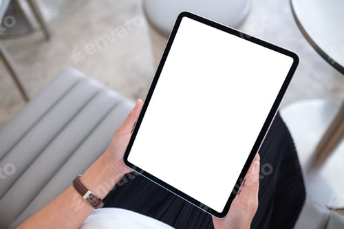 Preview: Top view mockup image of a woman holding digital tablet with blank white desktop screen