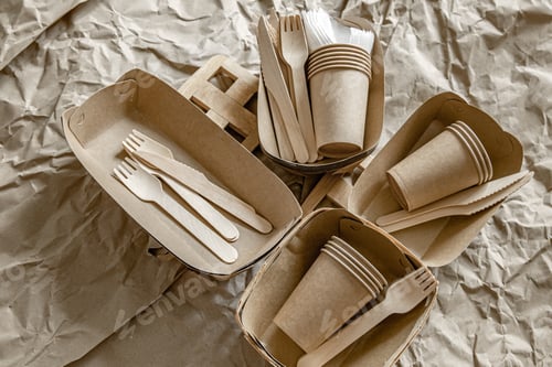 Preview: Composition with disposable ecological dishes and cutlery.