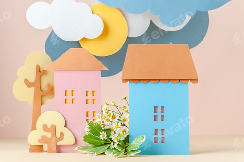 Preview: Multi-level installation of paper in children's style: Houses an