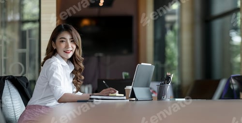 Preview: young entrepreneur businesswoman working in at office, smiling and looking at camera.
