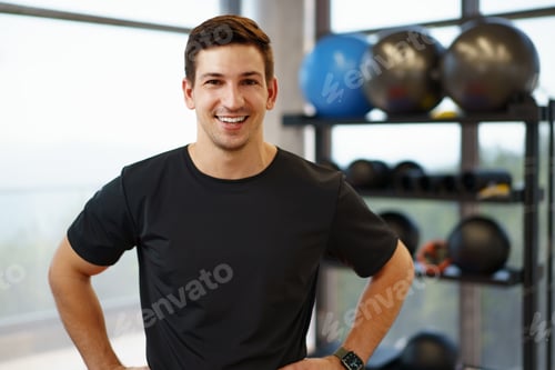 Preview: Portrait of a young handsome fitness trainer in a gym