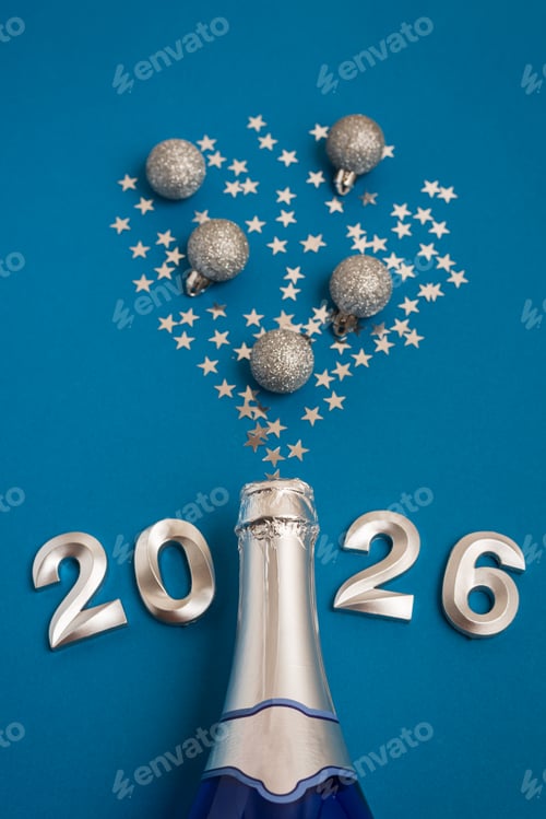 Visualização: Celebração de champanhe de ano novo de 2026 com confetes de prata em fundo azul