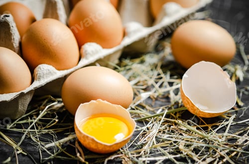 Preview: Fresh chicken eggs on dark background.