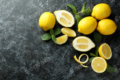 Preview: Ripe lemons on black smokey background, space for text