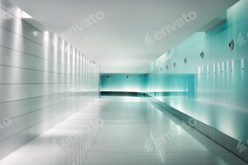 Preview: Back-lighted glass walls in an underground futuristic corridor