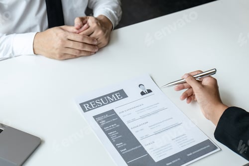 Preview: Business interviewer consider and asking about profile of candidate, consider resume conducting job