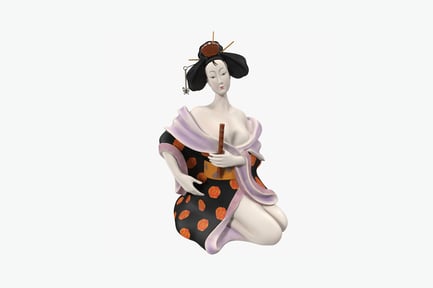 Preview: Seated geisha with flute in kimono and shawl