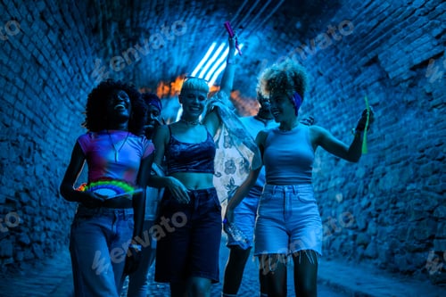 Preview: Friends walking and celebrating at electronic music festival