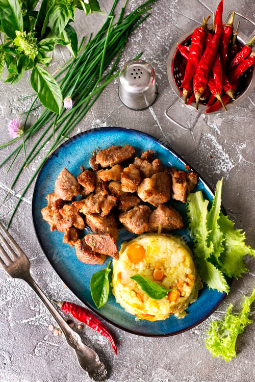 Preview: homemade fried meat with boiled rice