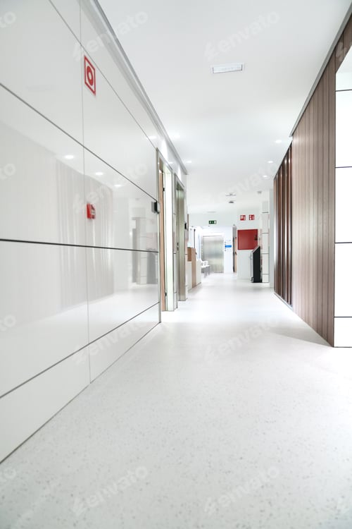 Preview: Modern Hospital Corridor with Emergency Signage