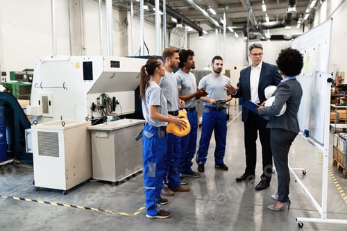 Preview: Group of employees and quality control inspectors having a meeting in a factory.