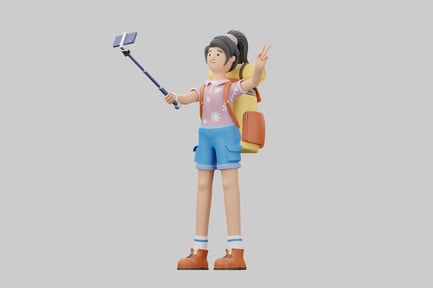 Preview: Happy adventurer with backpack and selfie