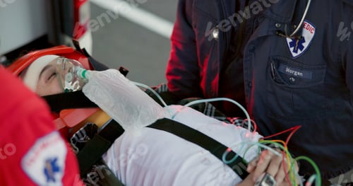 Preview: People, paramedic and help patient in outdoor on scene for emergency, rescue and support. Emt team,