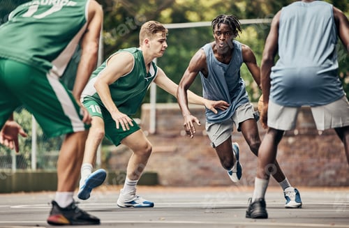 Preview: Energy, fitness and basketball at basketball court with team playing in competitive sports game. Ex