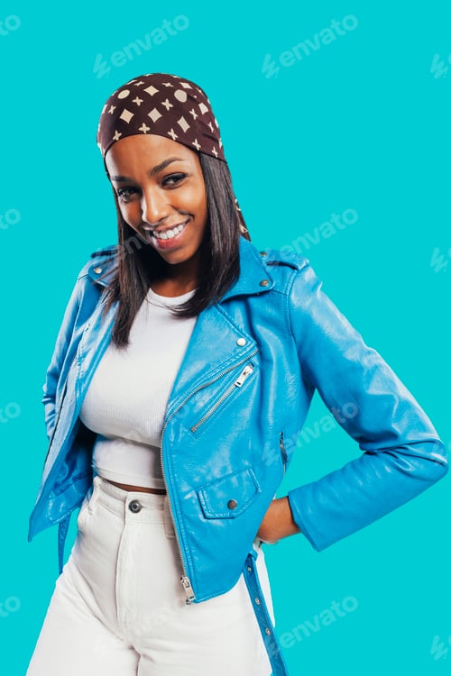 Preview: Stylish mixed race woman over blue background