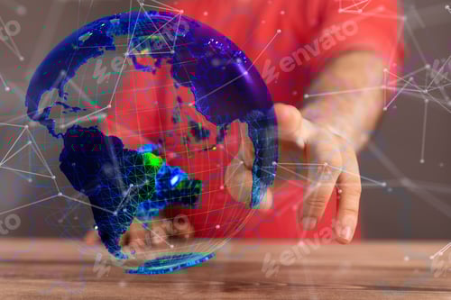 Preview: a person holding up a transparent globe with dots and lines all around it