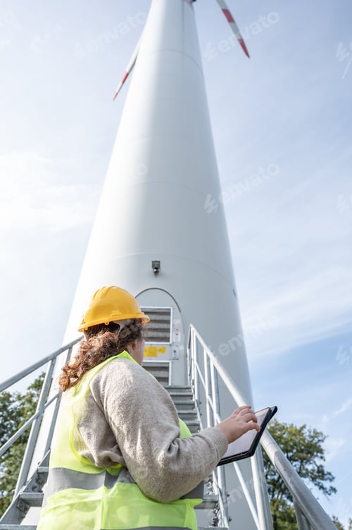 Preview: Woman engineer wearing a vest stands near a white wind turbine