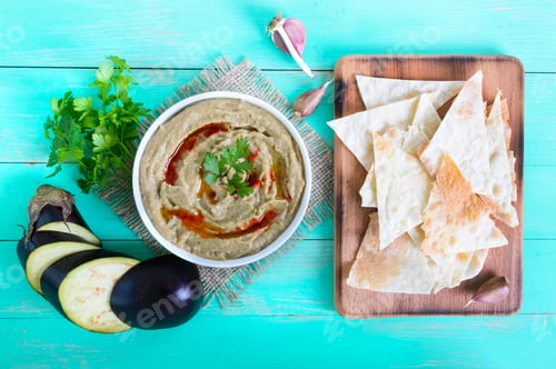 Preview: Baba ganush - hummus from eggplant with seasoning, parsley. Eastern cuisine.