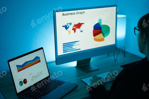 Preview: Young woman studying data charts for marketing financial reports - Focus on left computer screen