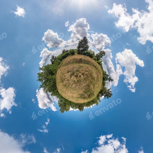 Preview: Little planet. Spherical view in a field in beautiful day with nice clouds