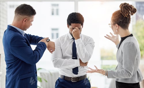 Preview: Late, deadline and stress from worker from angry management team in a office. Upset, anxiety and fa