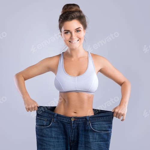 Preview: Happy woman wearing jeans after weight-loss on gray background