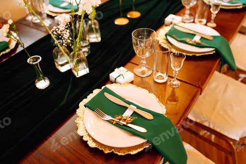 Preview: Wedding. Banquet. Beautiful table setting for a party, wedding reception or other festive event.