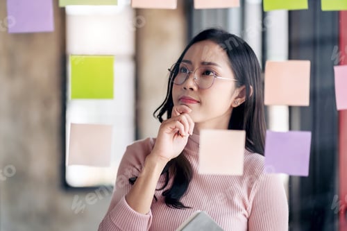 Preview: Business planning with share idea concept, Businesswoman reading