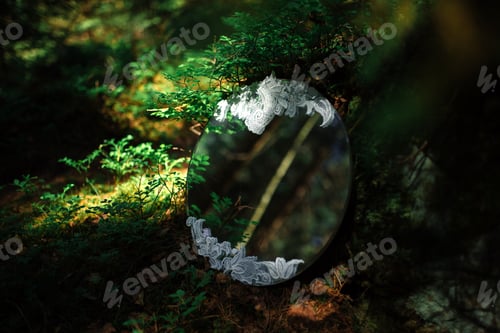 Preview: Round mirror with lace with reflection of pine branches in the forest