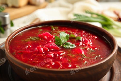 Preview: Stylish brown clay bowl with Ukrainian borsch, closeup