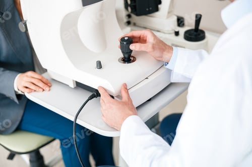 Preview: Close-up view of a optometrist checks patient's vision in an optics store or