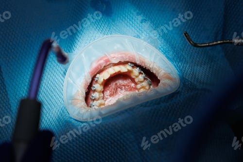 Preview: Top view of the process of brushing the patient's teeth. Teeth cleaning with water jet