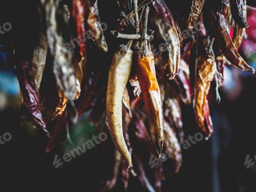 Preview: different dried organic chili peppers hanging on threads at georgian market