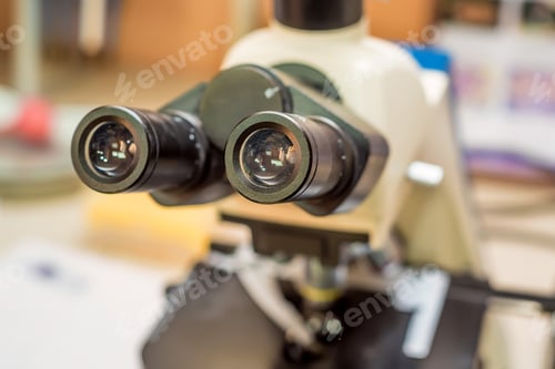Preview: Closeup of ocular lens microscope in laboratory