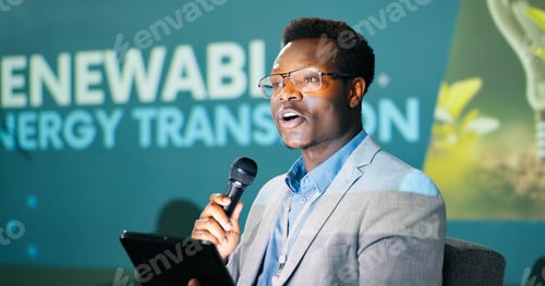 Preview: Black man, speaker and conference for climate change, presentation and seminar for renewable energy