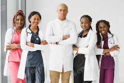 Preview: African-American black doctor woman and medical group.
