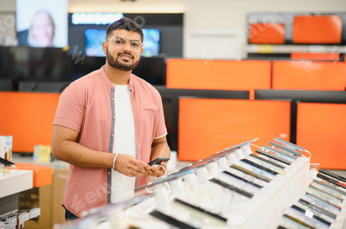 Preview: Indian man customer buyer at mobile phone store choose his new smartphone