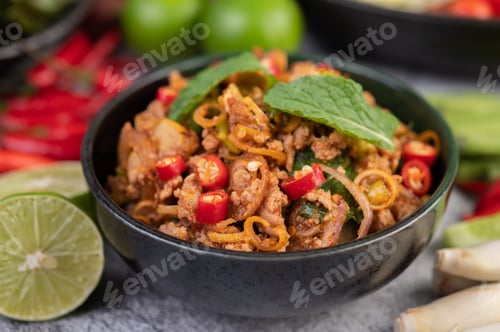 Preview: Spicy pork chops in a black cup consisting of lemons Chili and side dishes
