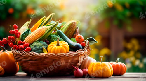 Visualização: Basket with vegetables on the table.