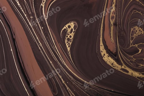 Preview: Acrylic Fluid Art. Abstract Golden curl and lines on brown waves. Art Deco marbling background