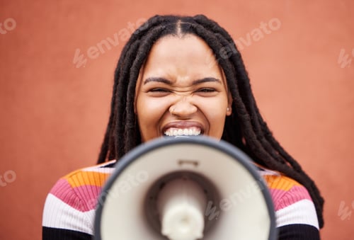 Preview: Megaphone, speaker or loud black woman protest with speech announcement for politics, equality or h