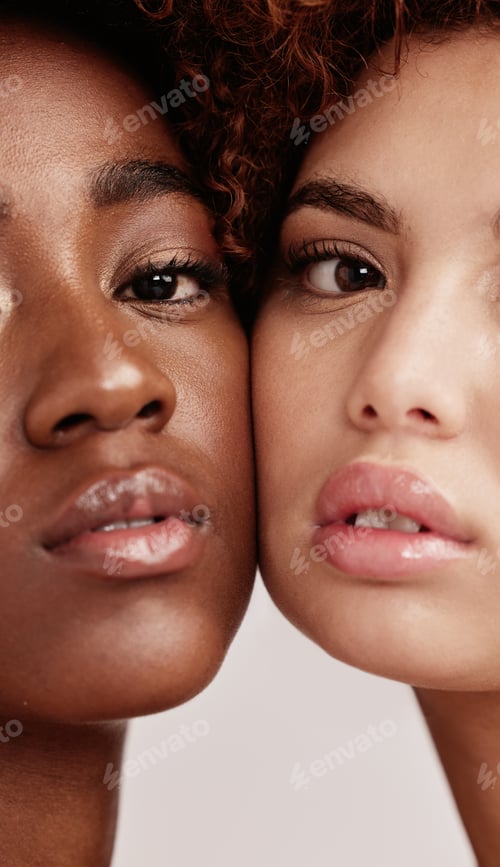 Preview: Beauty, portrait and skin of women faces together for cosmetic magazine, self care and isolated in